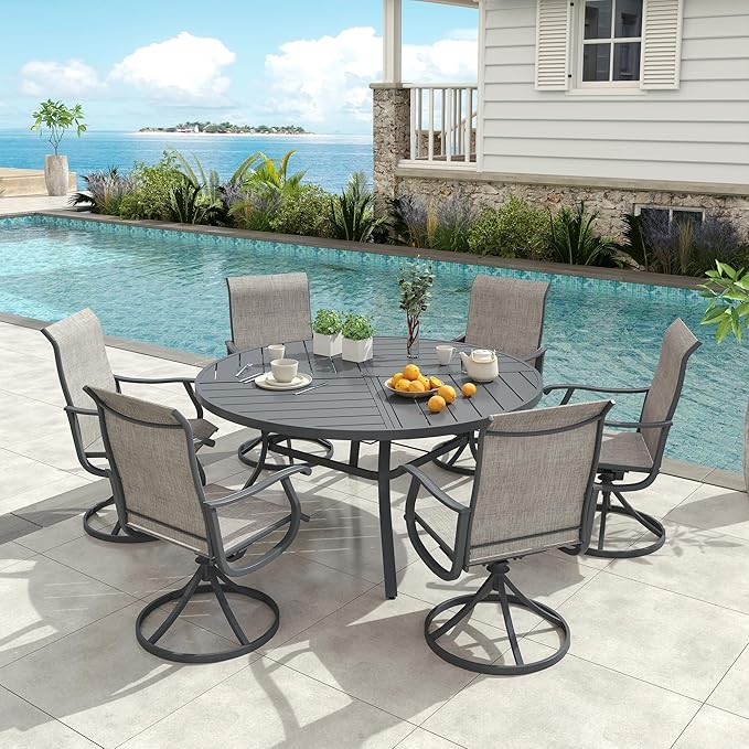 VICLLAX Round Patio Dining Table, 6 Person Metal Outdoor Dining Table with Umbrella Hole and Storage Shelf for Garden Lawn Deck, 50" Dark Grey