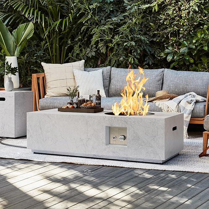 Dineli 2-Piece Outdoor Propane Fire Pit Table Set w Tank Table 48'' Rectangular Firepit Gas Fire Pits for Outside Patio Fire Table Tabletop Fire Pits w CSA Certified, 50,000 BTU, Stone-Look Marble