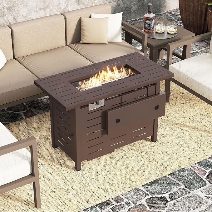 Tangkula Outdoor Propane Fire Pit Table, 40 Inch ETL Certified Outside Rectangle Gas Fire Table with Lava Rocks, Removable Lid and Protective Cover for Patio, Garden, Deck and Backyard (Brown)