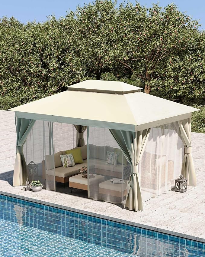 LAUSAINT HOME Gazebo 10x13ft, Heavy Duty Patio Gazebo with Expansion Bolts, Party Canopy Tent with Double Roofs, Mosquito Nettings and Privacy Screens for Backyard, Garden, Lawn, Cream White