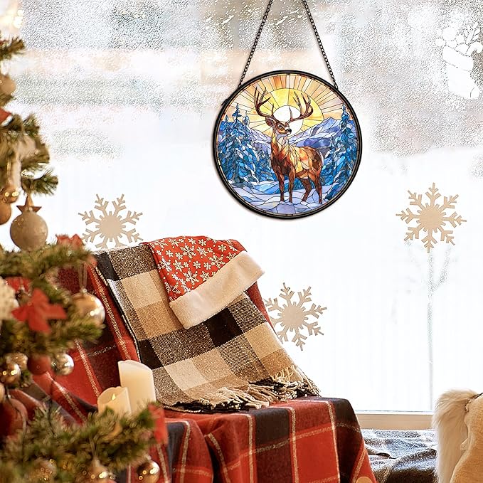 cvjutf Winter Wonderland Christmas Deer Suncatcher Stained Glass Window Hanging Decorstions, Landscape Stained Glass Wall Decor, Winter Solstice Gifts, Forest Garden Sun Catchers Window Art, 7.9x7.9In