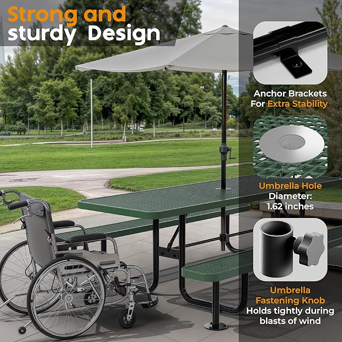 Commercial Heavy-Duty Metal Picnic Table - ADA Compliant, Adjustable Seats, Umbrella Hole, Expanded Metal (Green, 8' Rectangular)