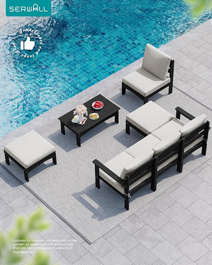 SERWALL 3 Pieces Patio Conversation Set, All-Weather HDPE Outdoor Sofas with Cushions and Coffee Table, Modular Sectional Furniture for Deck, Garden, Backyard, Black Frame with Khaki Cushion