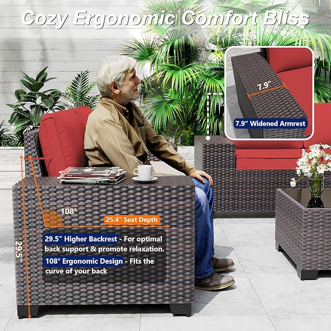 Outdoor Patio Furniture Set, 6 Pieces Outdoor Sectional Furniture High Backrest Patio Sofa, All-Weather PE Rattan Patio Conversation Set with Coffee Table & Cushions-Red.