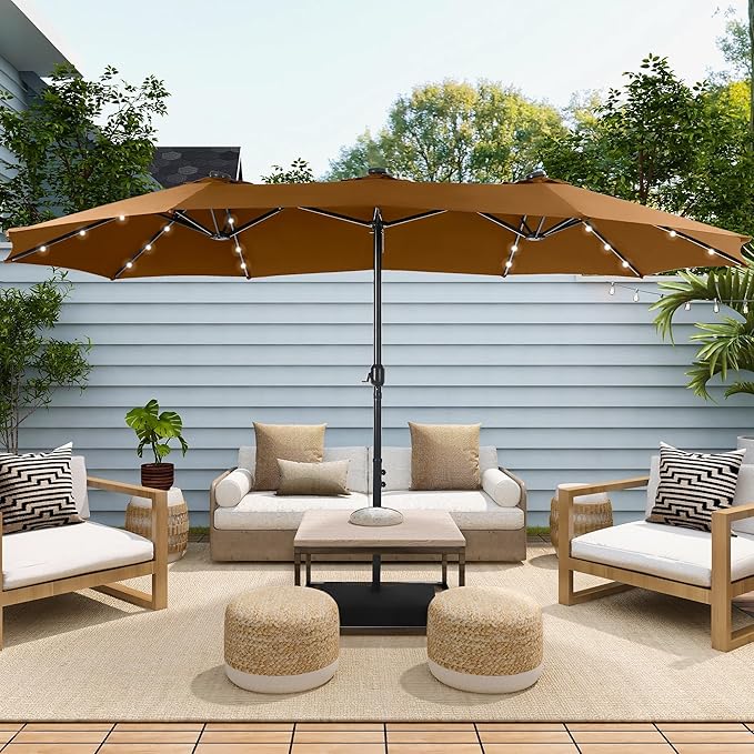 Sophia & William 15 ft Extra Large Patio Umbrella with Solar Lights, Rectangular Outdoor Umbrella with Base Included, Market Umbrella Double-sided Heavy Duty for Pool Garden Backyard, Tawny