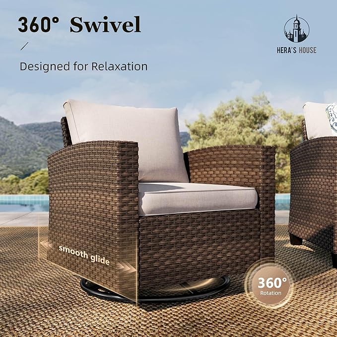 HERA'S HOUSE Swivel Glider Patio Furniture Set with Fire Pit, Outdoor Wicker Conversation Sets, 8 Pieces Deep Seat Rattan Sofa Sets with Cushions for Deck Backyard Lawn, Beige/Brown