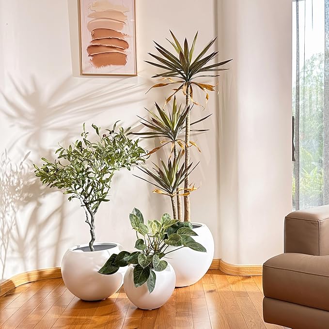 9.7" H x 12" D Globo Fiberstone Round Planter - Christmas Tree Planter, Smooth Finishes, Weather Resistant for Indoor & Outdoor Use, Included 2 Extra Coco Mats (White, 7.8" Pot Opening)