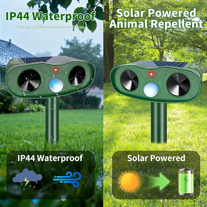 4Pack Ultrasonic Animal Repellent Outdoor Deer Repellent Devices, 2025 Solar Cat Repeller Motion Detection, Animal Repeller Outdoor to Scare Squirrel Dog Repellent Deterrent for Yard Farm