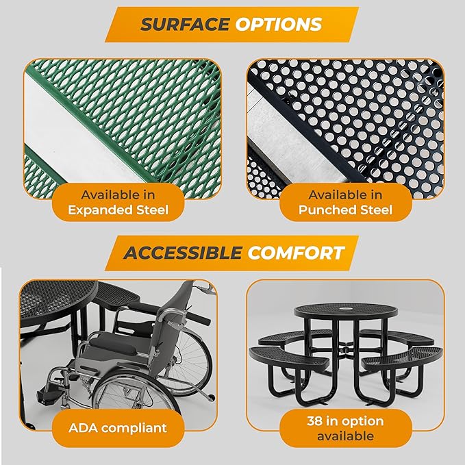 Metal Picnic Tables for Outdoors with Umbrella Hole - Coated Steel Heavy Duty Commercial Grade Furniture Set with Adjustable Seats (Brown, 46 in, Round, Punched Steel)