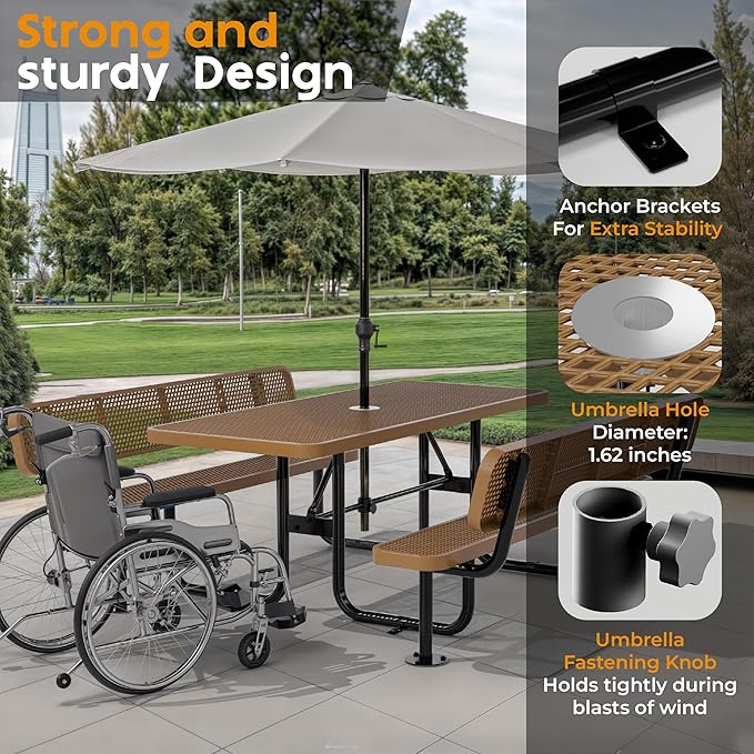 Commercial Heavy-Duty Metal Picnic Table with Backrest - ADA Compliant, Adjustable Seats, Umbrella Hole, Expanded Metal (Brown, 6' Rectangular with Back)