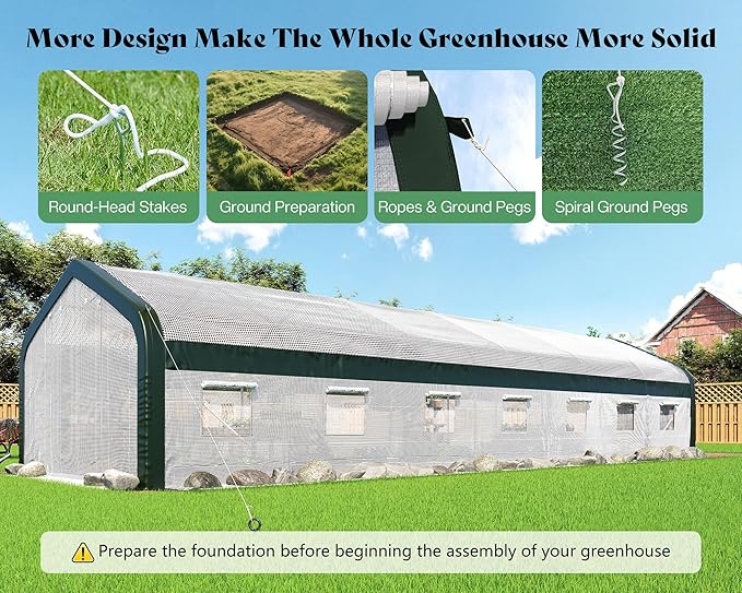 AMERLIFE 34x10x7 FT Large Walk-in Tunnel Greenhouse for Outdoors with Watering System 2 Zipper Rolling Doors, Heavy Duty Greenhouse Upgraded Galvanized Steel Frame 14 Windows, White/Green