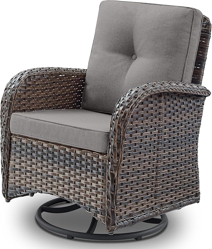 Patio Furniture Swivel Glider PE Wicker Chairs, Outdoor Swivel Rocker Seating with Cushions for Porch Deck Balcony, Brown/Gray