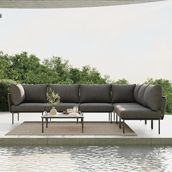 7 Piece Modern Outdoor Rope Wicker Sectional Patio L-Shaped Conversation Sofa Set Deep Seating with Thick Cushions