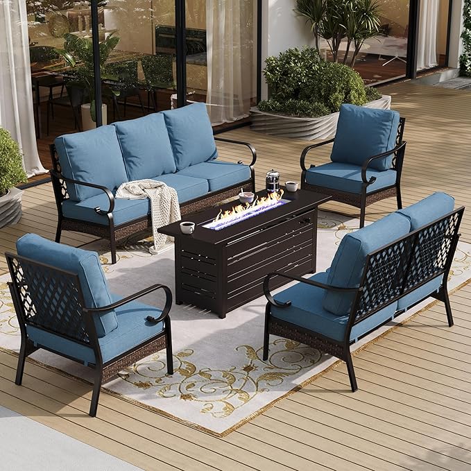 SUNSHINE VALLEY 5 Piece Metal Outdoor Patio Furniture Sets with Firepit Table, Patio Conversation Sets 1 3-Seater Sofa, 1 Loveseat, 2 Single Sofa with 5.75" Cushion for Backyard Deck, Denim Blue
