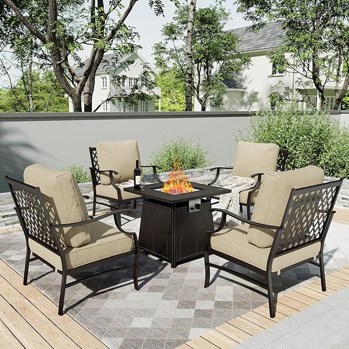 HERA'S HOUSE 5 Pieces Patio Furniture Set with Fire Pit Table, 4 x Thick Cushioned Chairs, 1 x Fire Pit Table (50,000 BTU), All Weather Outdoor Conversation Set for Garden, Backyard, Lawn