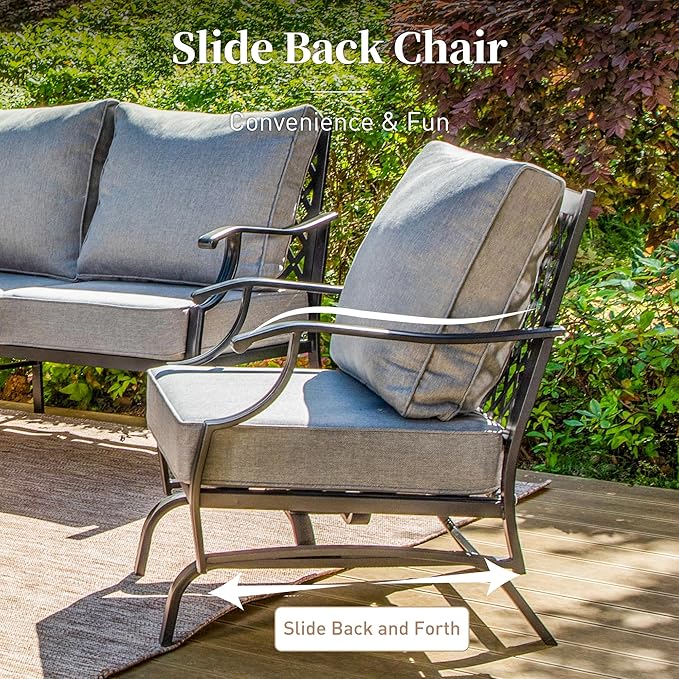 SUNSHINE VALLEY 5 Piece Metal Outdoor Patio Furniture Set with Fire Pit Table, Patio Conversation Sets 4 Rocking Chairs with 5.75" Thick Cushion and 5000 BTU Fire Pit Table, Backyard Furniture, Gray