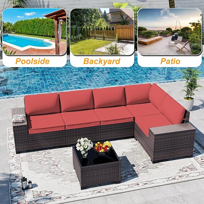 Outdoor Patio Furniture Set, 6 Pieces Outdoor Sectional Furniture High Backrest Patio Sofa, All-Weather PE Rattan Patio Conversation Set with Coffee Table & Cushions-Red.