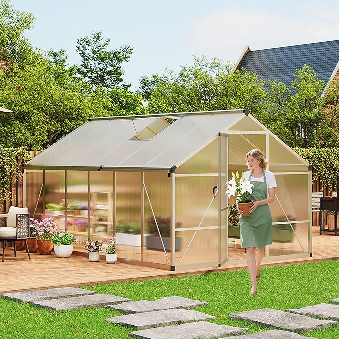 8×12 FT Greenhouse, Large Walk in Greenhouses for Outdoors and Garden Planting, Polycarbonate Greenhouse with Enhanced Aluminum Frame, Green Houses with Quick Setup Structure and Roof Vent, Silver