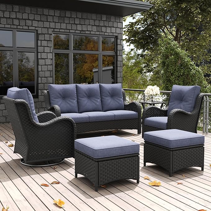 LayinSun 6 Pieces Outdoor Patio Furniture Set, Rattan Wicker Sectional Swivel Rocker Chairs Sets with Ottomans, Swivel Glider Chairs, and Coffee Table
