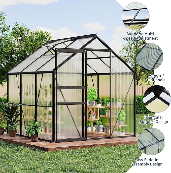 GarveeHome 6 x 6 FT Polycarbonate Greenhouse, Winter Greenhouses for Outdoors with Aluminum Frame, Sliding Door, Adjustable Roof Vent, Backyard Green Houses, Patio Garden, Black