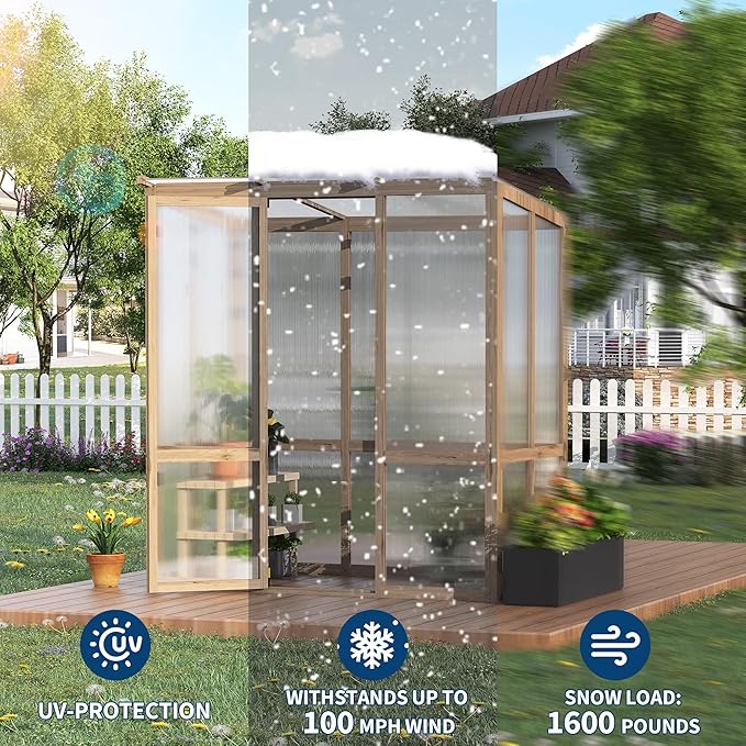 4x6FT Wooden Greenhouse with Cedar Frame, Outdoor Wood Greenhouses with Roof Vent, Wood and Polycarbonate Walk-in Greenhouse