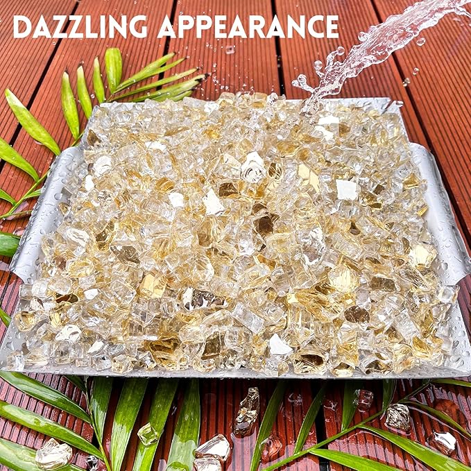 GasSaf 1/2 Inch Fire Glass Reflective Tempered Fireglass Cut Crushed FireGlass for Fire Pit, Fireplace, Replaces Existing Gas Logs & Lava Rocks (10 Pound)(Gold Reflective)