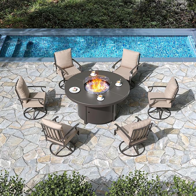 7 Pieces Patio Furniture Set with Round Fire Pit Table, Outdoor Conversation Sets 6 Swivel Chairs with Upgrade Cushions for Patio, Backyard Brown