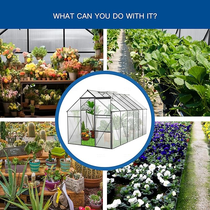 6×12 FT Black Polycarbonate Greenhouse for Outdoors with Heavy-Duty Aluminum Frame, Walk-in Green House Kit with Raised Base, Sliding Door & Adjustable Roof Vent, Large Outdoor Greenhouse