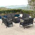 Oakland Living Black Aluminum Patio Fire Table Set with Four Deep Seating Loveseat with Cushions with Black Cushions