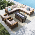 MFSTUDIO 9 Pieces Wicker Patio Furniture Set with 56" Fire Pit Table, Half-Moon Curved Patio Sectional Sofa Set, Extra Large Rattan Outdoor Conversation Sets for Garden, Backyard(Beige Cushion)