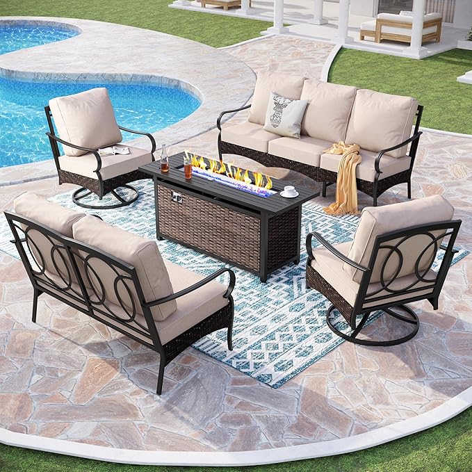 PHI VILLA Patio Furniture Set with 56" Fire Pit Table, Premium Outdoor Wicker Metal Frame Furniture with Upgraded Waterproof Thick Cushions for Porch, Poolside, Deck, and Yard（5 Pieces, Beige