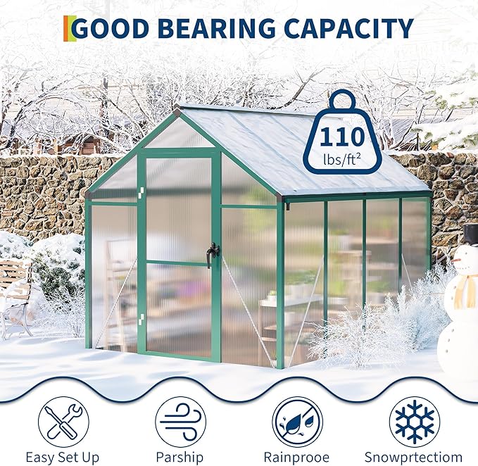 6 X 8 Ft Greenhouse, Greenhouses for Outside, Polycarbonate Greenhouse with Aluminum Frame, Lockable Door and Ajustable Roof Vent for Backyard, Green Houses for Outside Garden Backyard, Patio