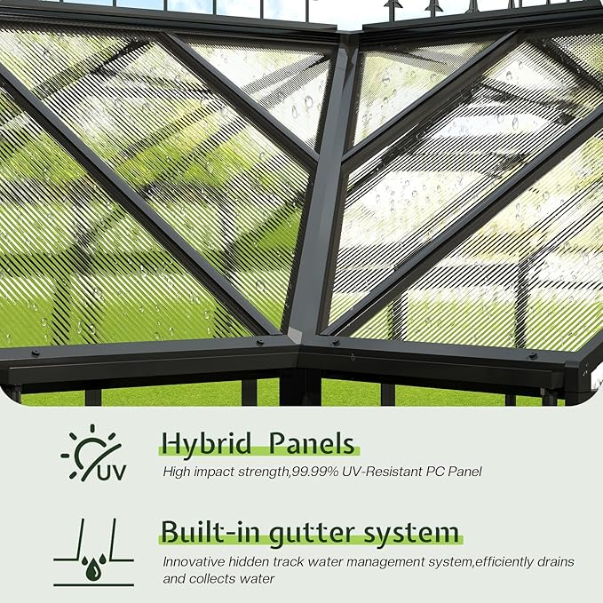 AMERLIFE 12x10x8 FT Hybrid Polycarbonate Greenhouse, Quick-Connect Aluminum Frame with Dual Roof Vents & Double Doors, Walk-in Outdoor Garden Greenhouse with Gutters, Black