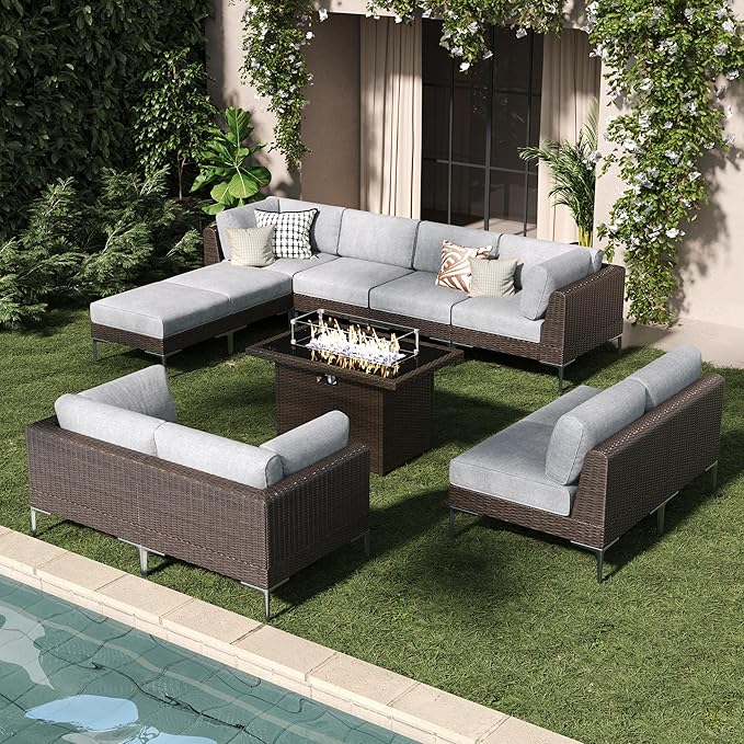LayinSun 11-Piece Outdoor Modular Wicker Sectional Sofa with Fire Pit Table, Patio Furniture Conversation Set with Deep Seating and Thick Cushions