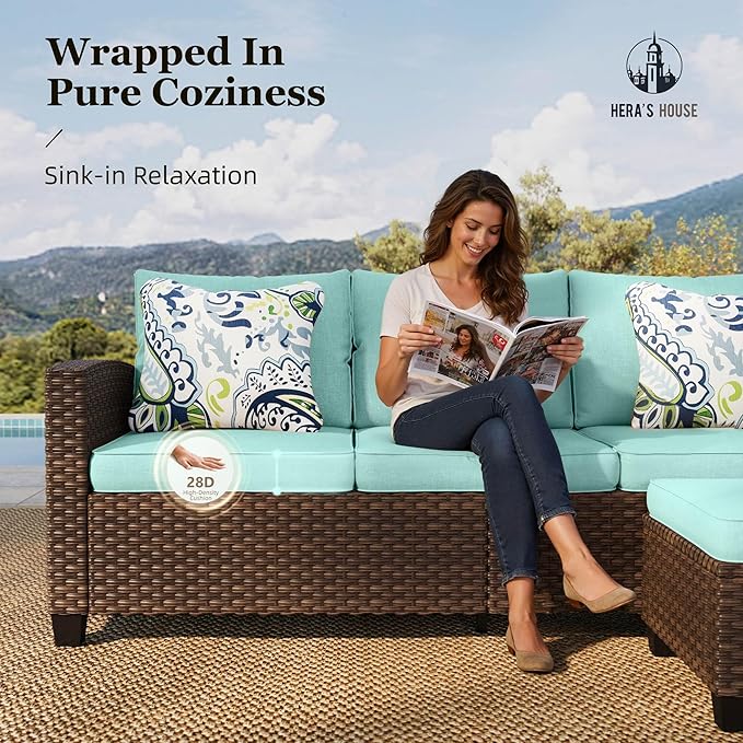 HERA'S HOUSE Outdoor Patio Furniture Set, 7 Pieces Wicker Patio Conversation Sets, Outside Sectional Deep Seating Sofa Set for Lawn Backyard Porch, Brown/Blue