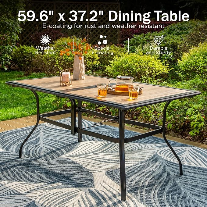 PHI VILLA Outdoor Dining Table for 6, 60" Metal Rectangle Metal Steel Table with Polywood Tabletop, Modern Long Furniture for Patio, Deck, Porch, Yard