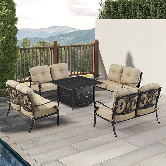 Oakland Living Black Aluminum Patio Fire Table Set with Four Deep Seating Loveseat, Cushions and Wind Blocker