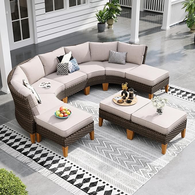Sophia & William Large Half-Moon Outdoor Patio Furniture Set 9 Piece High Back Wicker Rattan Patio Sectional Furniture Sofa Set Fan-Shaped Conversation Set with 4 Ottomans & 4" Thick Cushions, Beige
