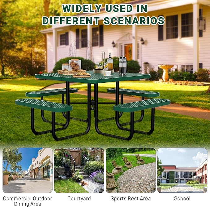 HIMcup 46" Square Picnic Table for Outside,Heavy Duty Metal Picnic Table Bench Set with 2in Umbrella Hole, 1600 lb Capacity,Commercial Dining Table Furniture for Garden Yard Patio Party Coffee Shop