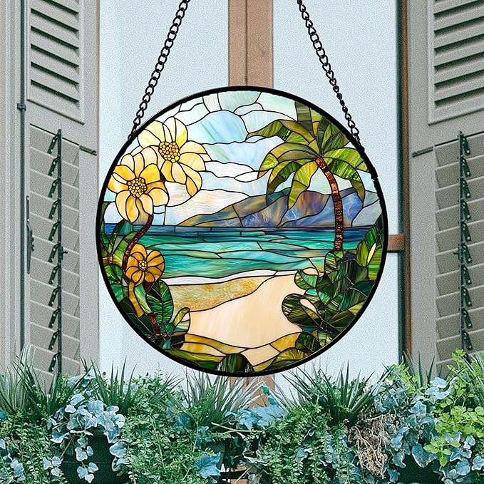 DASTOLL Stained Glass Window Hanging 4 Pcs Set Blue Ocean Coconut Tree Scenery 7.8" - Suncatcher Door Garden Sun Catcher Decor Birthday Christmas for Mom Woman Nana Men