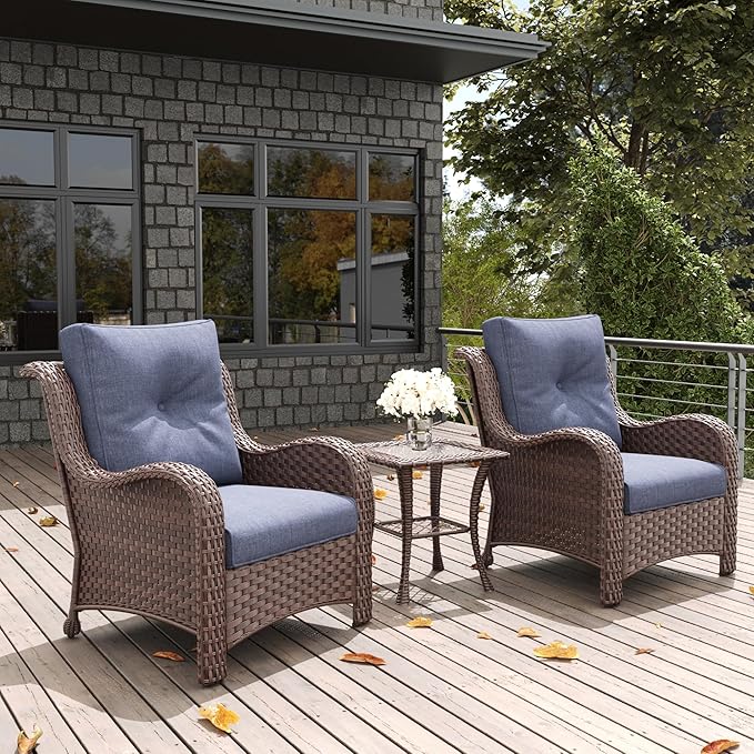 LayinSun 3 Pieces Outdoor Patio Furniture Set, Rattan Wicker Chairs Sets with Armchairs and Coffee Table