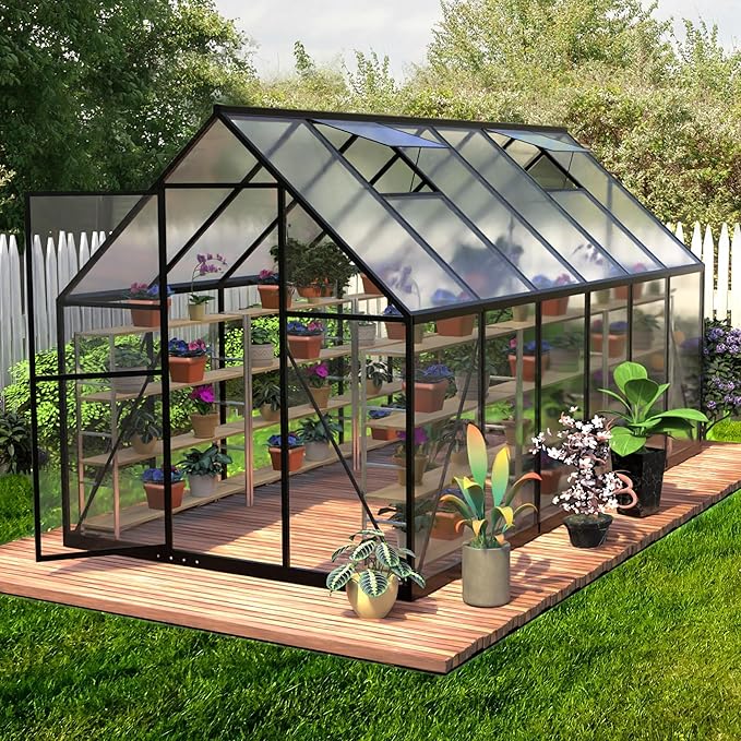 HOOYEAH Green Houses for Outside, 6 x 12 FT Polycarbonate Greenhouse with Lockable Door, Heavy Duty Winter Greenhouses for Outdoors, Aluminum Sunroom Plant Care House