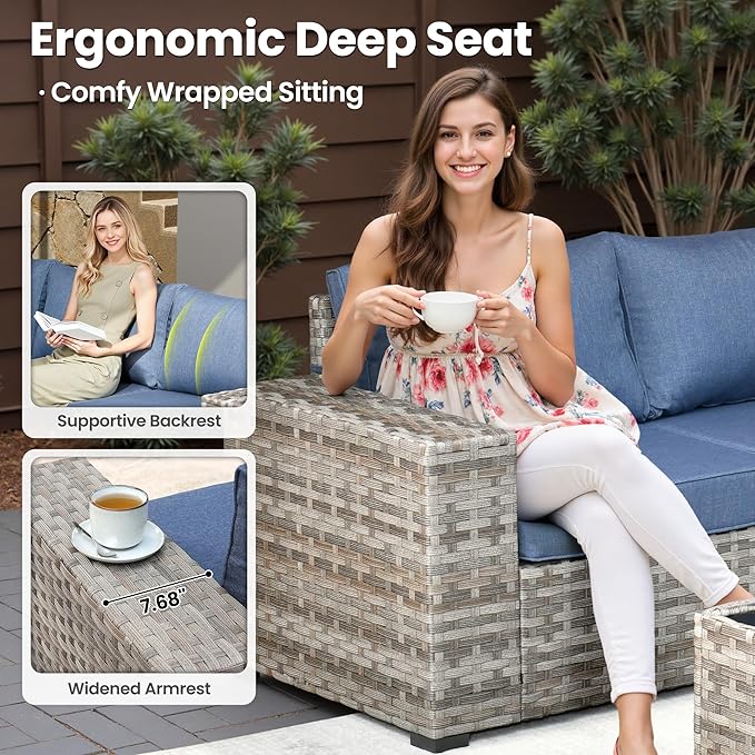 ovios 9 Pieces Patio Furniture Set, Outdoor Wicker Sectional Sofa with 42" Fire Pit Table Swivel Chair, Modern Modular Deep Seat Rattan Couch Conversation Sets, Denim Blue