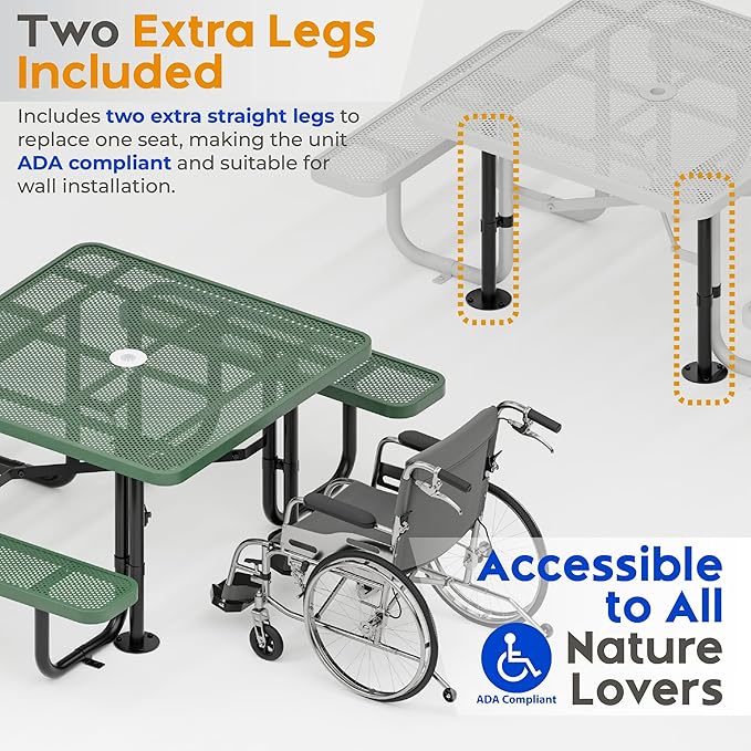Metal Picnic Tables for Outdoors with Umbrella Hole - Coated Steel Heavy Duty Commercial Grade Furniture with Adjustable Seats (Green, 46 in, Square, Punched Steel)