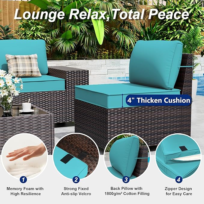 Outdoor Patio Furniture Set with Gas Fire Pit Table, 7 Pieces Patio Furniture Set Outdoor Sectional Sofa w/43in Propane Fire Pit, PE Wicker Rattan Patio Conversation Sets（Blue）.