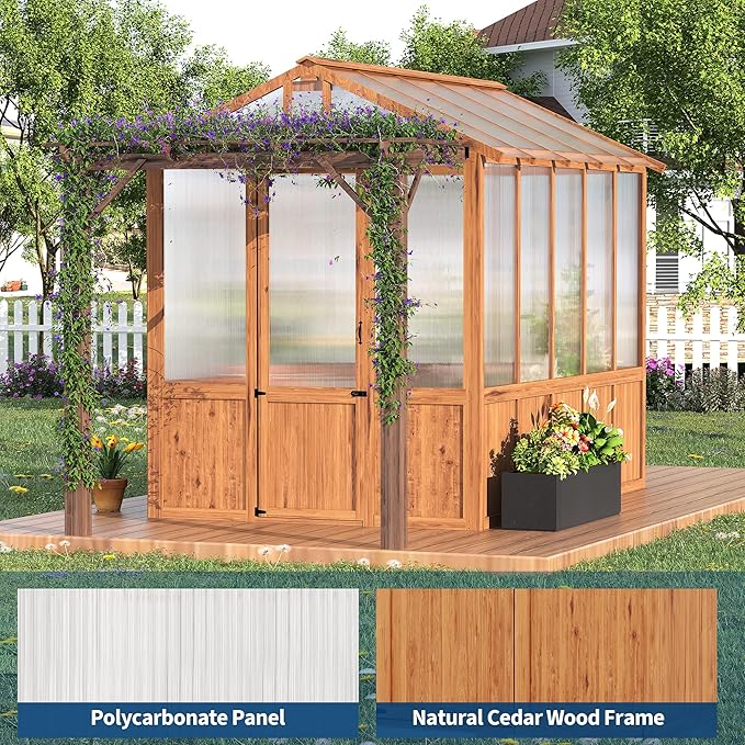 8X13ft Greenhouse Kit with Pergola, Wooden Walk-in Green House with Cedar Frame, Greenhouse Kit with 6mm Thick Polycarbonate Panel