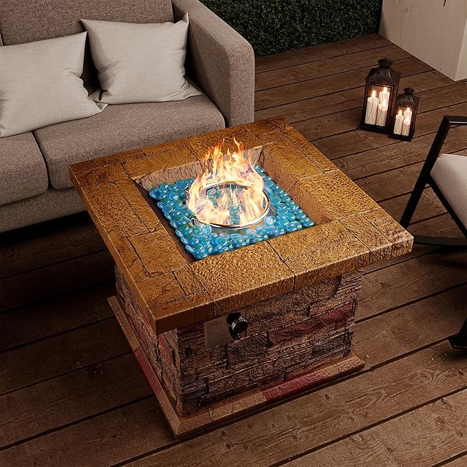 32" Outdoor Propane Fire Pit, Square Stonecrest Gas Firepit for Outside Patio, Concrete Propane Fire Table 50,000 BTU Gas Fire Pits with Lava Rocks, CSA Certified, Blue Fire Glass