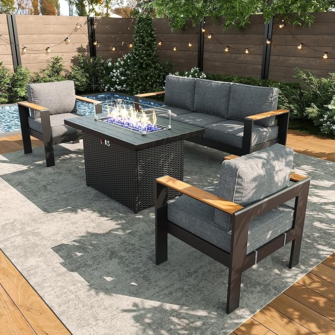 LayinSun 4 Piece Aluminum Outdoor Furniture Set with Fire Pit Table, Outside Patio Deep Seating Conversation Set with Upgraded Washable Thick Cushion