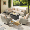 HOOOWOOO Outdoor Sectional Patio Furniture Set with Fire Pit Table,10 Pieces Wicker Conversation Sets L Shaped Couch,Extra Deep Out Door Sofa Outside Furniture with Swivel Rocking Chairs,Beige
