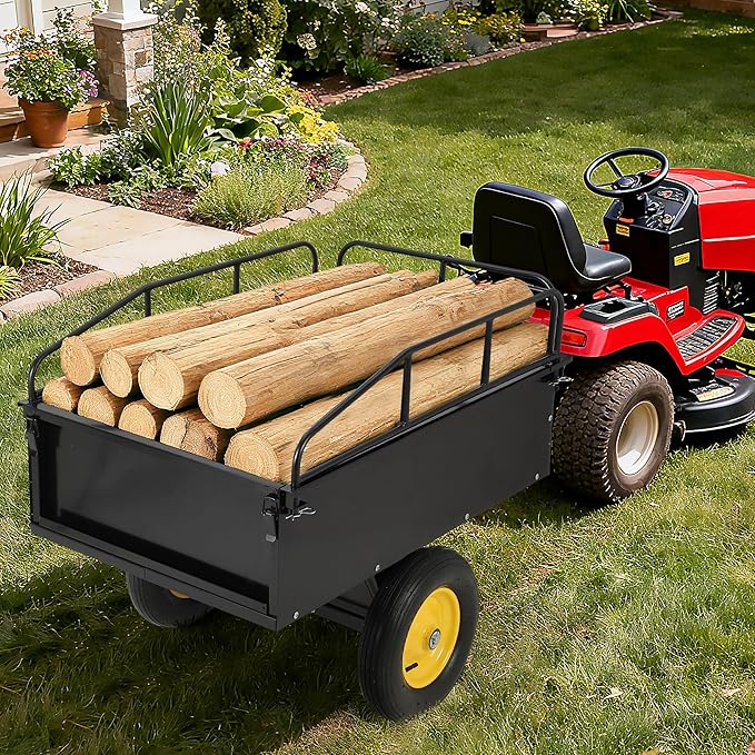 GAOMON 500LB Heavy Duty Tow Behind ATV Trailer Steel Dump Cart - 10-Cubic Feet Capacity - Garden Utility Trailer - Trailers with Removable Tailgate for Riding Lawn Mower Tractor